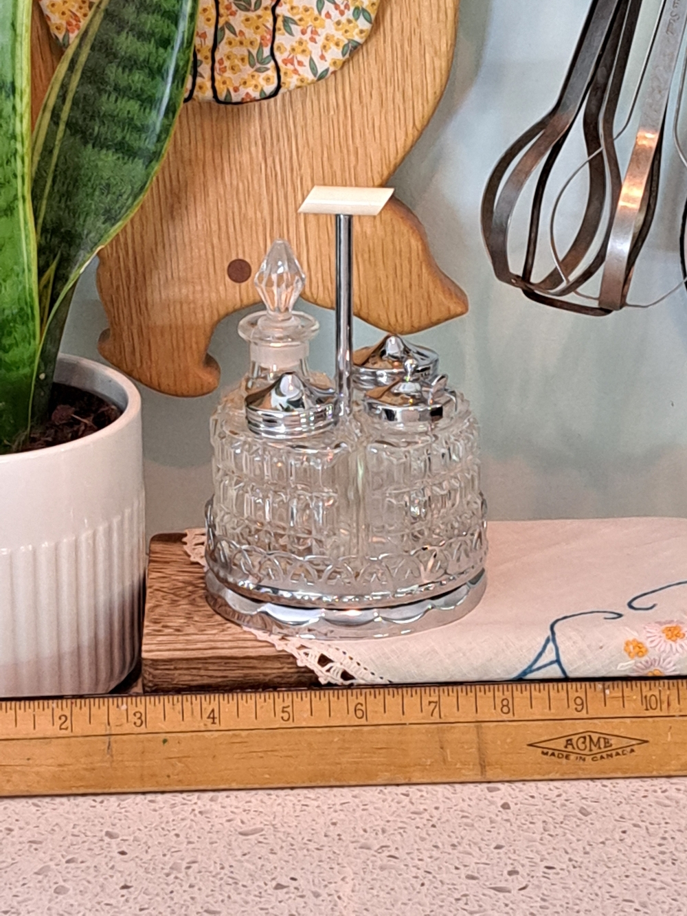 Vintage 50's Cut Glass Cruet Set with Chrome Accents T Bar Handle
